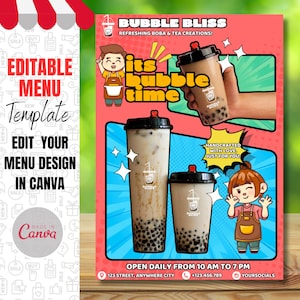 Anpassbare Milch-Tee-Menüvorlage. Bubble Tea Shop Menü-Design. Vorgefertigtes Canva Template Layout. Bearbeitbarer digitaler Download