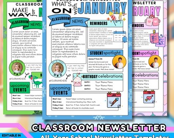 Plantilla editable de boletín informativo para el aula (Canva) / Paquete de boletines escolares / 12 diseños mensuales / Boletín informativo para docentes imprimible (A4)