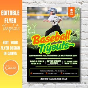 Bewerkbare sjabloon folder honkbal try-outs | Poster sportevenement voor jongeren | Proefposter honkbal | Proefwedstrijd honkbal Social media-flyersjabloon