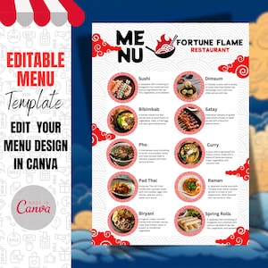 Modelo de Menu de Restaurante Asiático Personalizável - Editável e Pronto para Imprimir. Design de Menu Profissional Editável Canva para Restaurante Asiático
