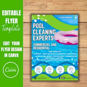 Flyer voor zwembadreinigingsdiensten. Bewerkbare sjabloon voor digitale download. Promotieflyer zwembadreinigingsexperts. Vooraf gemaakt canvasontwerp