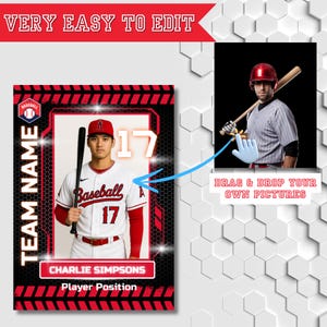 May include: Baseball-themed template with a player image, team name, and player details. The design features a red and black border, the word "Baseball" and the number "17". The text "VERY EASY TO EDIT" is at the top, and "DRAG & DROP YOUR OWN PICTURES" is at the bottom.