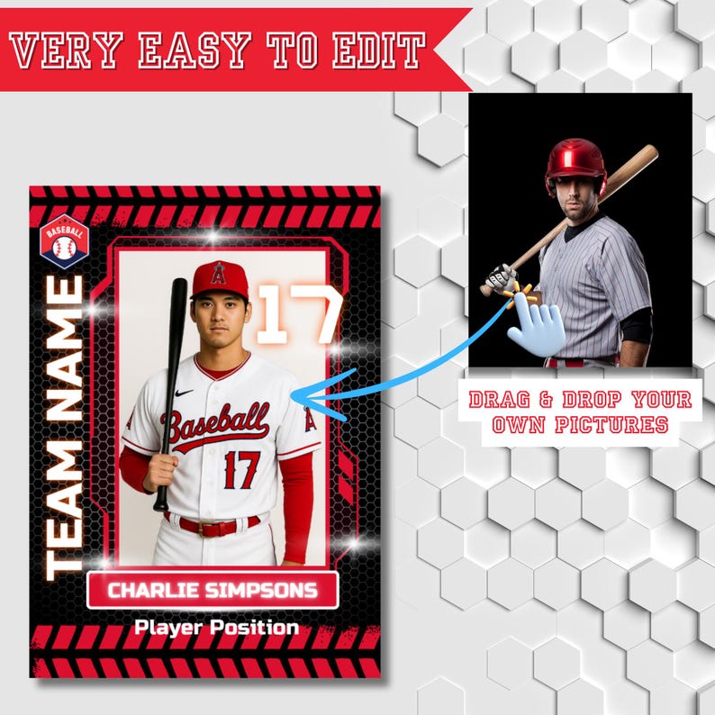 May include: Baseball-themed template with a player image, team name, and player details. The design features a red and black border, the word "Baseball" and the number "17". The text "VERY EASY TO EDIT" is at the top, and "DRAG & DROP YOUR OWN PICTURES" is at the bottom.