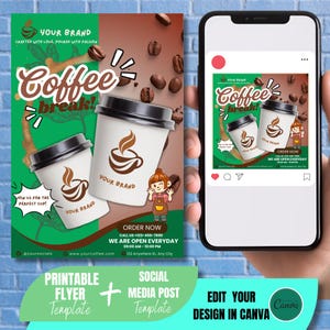 Modelo de folheto de cafeteria e postagem em mídia social | Editável no Canva | Design de modelo de folheto para impressão e digital. Anúncios promocionais de cafeteria