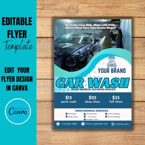 Professionele carwash-promotie - DIY-flyersjabloon - directe digitale download voor CANVA. Vooraf bewerkbaar flyerontwerp voor autowasstraat