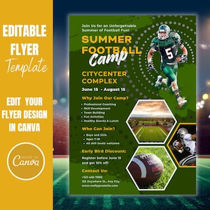 May include: Green and white flyer with a football theme. It says "Summer Football Camp" in large letters. The flyer advertises a football camp at Citycenter Complex from June 15 to August 15. It includes information about the camp, who can join, and contact information.