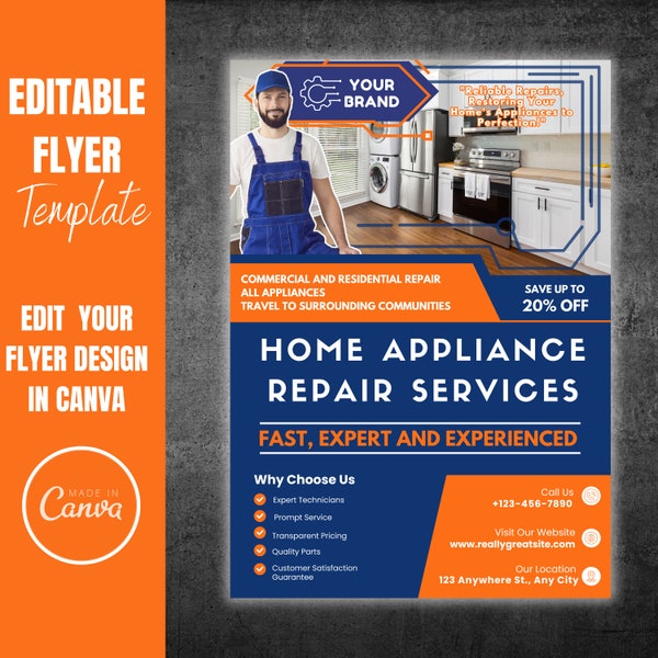 Home appliance repair flyer, editable template. Digital download. Repairman services flyer design layout. Premade Canva flyer template