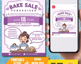 Könnte beinhalten: Vorlage für einen Flyer und einen Social-Media-Beitrag für eine Kuchenbasar-Spendenaktion. Das Design verwendet Lila und Weiß mit dem Text "Bake Sale Fundraiser" und dem Datum "18. Juni 2025". Eine Illustration eines Bäckers ist enthalten.