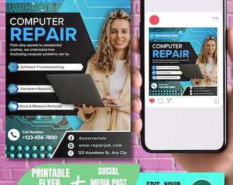 Computer Repair Flyer & Social Media Template: Editable Canva Design