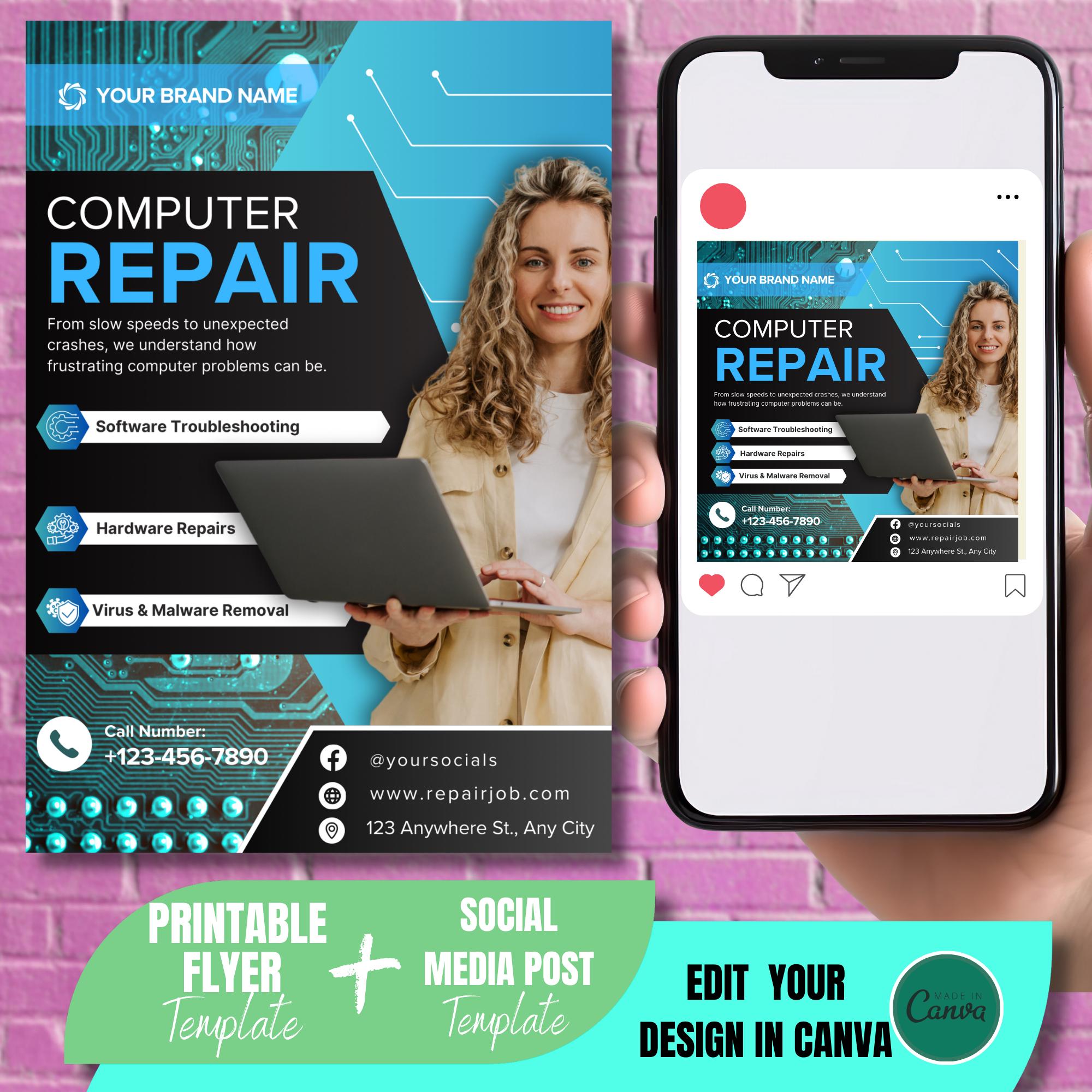 Computer Repair Flyer \u0026 Social Media Template: Editable Canva Design - Etsy, image size:2000x2000
