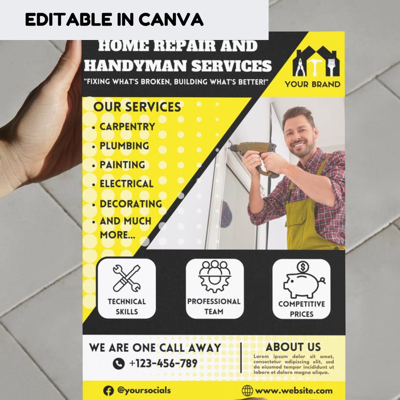 May include: A black and yellow flyer advertising home repair and handyman services. The flyer features a cartoon image of a hammer and wrench, a person using a drill, and a list of services including carpentry, plumbing, painting, electrical, decorating, and more. The flyer also includes contact information and the text "We are one call away".