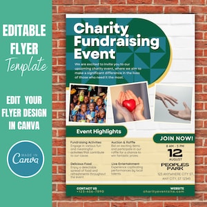 Puede incluir: Un folleto verde y amarillo con el texto "Charity Fundraising Event" en letras blancas grandes. El folleto anuncia un evento para recaudar fondos para la caridad, con detalles sobre el evento, incluida la fecha, la hora y la ubicación. El folleto también incluye un número de contacto y una dirección de sitio web.