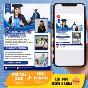 Scholarship Program Flyer and Social Media Post Template | Editable in Canva | Graduation and Student Financial Aid poster Design.
