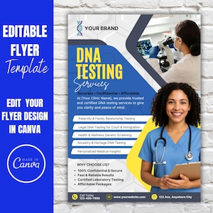 Op de afbeelding: Een blauw en geel flyer sjabloon voor DNA-testdiensten. De flyer bevat de tekst "DNA Testing Services" en "Edit Your Flyer Design in Canva". Het toont een arts en een laborant.