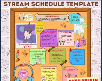 Modelo de agenda de transmissões personalizável | Jogos na Twitch e no YouTube | Modelo de agenda de transmissões fofo | Modelo de agenda de jogos editável