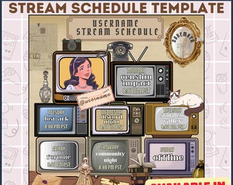 Bearbeitbarer Stream-Planer-Vorlage: Twitch, YouTube, Gaming | Vintage Theme Stream Flugplan Design | Gamer Wochenplaner mit Layout