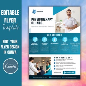 Physiotherapie-Klinik Flyer Vorlage. Physiotherapie Werbeflyer Design. Vorgefertigtes Canva Template Design. Bearbeitbar und anpassbar
