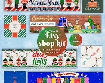 Christmas Theme Shop Graphics - Etsy Banner and Icon Design Set. Festive Etsy Shop Branding Kit. Premade Canva editable template design