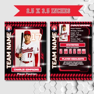 May include: Baseball trading card, 2.5 x 3.5 inches, featuring a baseball player in a red and white uniform. The card includes player statistics, highlights, and the player's name, Charlie Simpsons. The card has a black and red design.