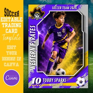 May include: An editable soccer trading card template featuring a purple and yellow design with a player in a purple jersey numbered 10. The card includes the text Soccer Team 2026, Western Pirates, 10 Tobby Sparks, Midfielder, and Made in Canva.