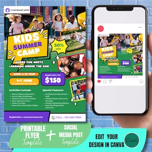 Puede incluir: Un folleto verde y rojo con un diseño de estilo de dibujos animados que anuncia un campamento de verano para niños. El folleto incluye el texto "Kids Summer Camp", "Where fun meets learning under the sun", "Ages: 6-12 Year", "1-7 June", "123 Anywhere St., Any City", "Cuota de inscripción $150", "Actividades incluyen:", "Características especiales:", "Registro: summercamp.com", "Llamar: 123-456-7890", "Plantilla de folleto imprimible", "Plantilla de publicación en redes sociales", "Edita tu diseño en Canva".