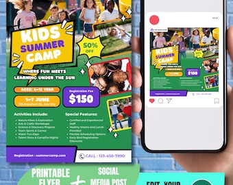 Kids Summer Camp Flyer Template | Editable Kids Summer activity program flyer design | Printable and customizable Kida camp promo ad