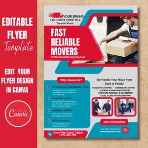 Modèle de flyer de services de déménagement. Conception de flyers personnalisables pour les entreprises de déménagement. Mise en page de flyer préfabriquée en toile. Téléchargement numérique instantané