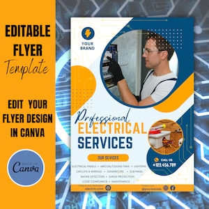Electrical services flyer template. Electrician service flyer editable design layout instant digital download. Canva premade flyer template
