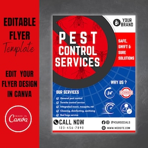 Może przedstawiać: Ulotka w kolorze niebieskim i czerwonym z tekstem "Pest Control Services" w białym kółku z przekreśleniem na czerwono. Ulotka reklamuje usługi zwalczania szkodników z listą usług, danymi kontaktowymi i tekstem "Bezpieczne, szybkie i pewne rozwiązania".