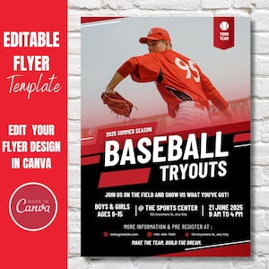 Layout di modello di volantino modificabile per provini di baseball / Poster di promozione sportiva per provini di squadre giovanili / Design di volantino stampabile per provini di softball