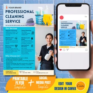 Professioneller Reinigungsservice Flyer & Social Media Vorlage. Vorgefertigtes Canva Flyer Design. Digitales und druckbares Flyer Vorlagen Layout.
