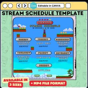 Sjabloon voor retro pixelstreamschema voor gamers | Bewerkbaar ontwerp Canva Stream-schema | Wekelijks Twitch- en YouTube-gamingschema.
