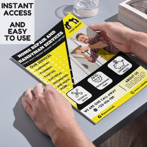 May include: A yellow and black flyer advertising home repair and handyman services. The flyer features a man using a power drill, a list of services, and contact information. The text on the flyer reads "Home Repair and Handyman Services", "Our Services", "Carpentry", "Plumbing", "Painting", "Electrical", "Decorating", "And Much More", "Technical Skills", "Professional Team", "Competitive Prices", "We Are One Call Away", "+123-456-789", "@yoursocials", "About Us", "www.website".