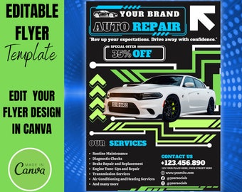Modello di volantino per officina di riparazione auto: layout Canva modificabile (download digitale)