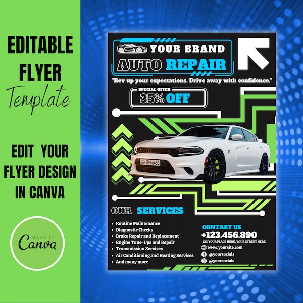 Auto repair shop flyer template. Editable digital instant download. Premade Canva design layout. Car shop repair services promotional flyer