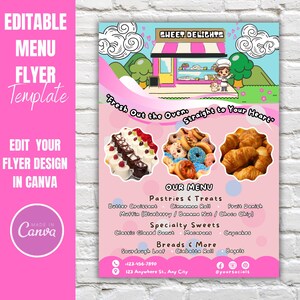 Bearbeitbare Konditorei-Menü-Flyer-Vorlage | Niedliches Bäckerei-Menü-Design | Cake Shop Werbeflyer-Menü | Druckbare vorgefertigte Bakeshop-Speisekarte