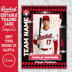 May include: Baseball trading card template with a player image. The card features the text "Baseball," "EDITABLE TRADING CARD TEMPLATE," and "EDIT YOUR DESIGN IN CANVA." The player is wearing a baseball uniform with the number 17.