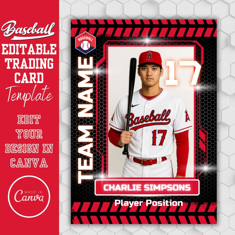 May include: Baseball trading card template with a player image. The card features the text "Baseball," "EDITABLE TRADING CARD TEMPLATE," and "EDIT YOUR DESIGN IN CANVA." The player is wearing a baseball uniform with the number 17.