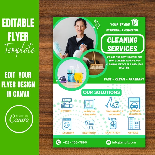 Dépliant sur les services de nettoyage. Modèle modifiable en téléchargement numérique. Modèle de flyer pour le ménage et le nettoyage des bureaux. Conception de mise en page en toile préfabriquée.