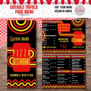 Plantilla de menú de pizza. Diseño de lista de menú de restaurante de pizza plegable en tres partes. Plantilla de menú editable prediseñada en Canva. Plantilla de diseño de menú de pizza DIY