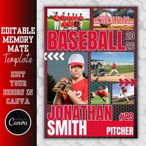 Puede incluir: Una plantilla de recuerdo del equipo de béisbol en rojo y blanco con fotos de jugadores y el texto "BASEBALL 2026". La plantilla incluye el texto "GREENFIELDS BASEBALL TEAM", "JONATHAN SMITH #23 PITCHER" y "EDITABLE MEMORY MATE Template".