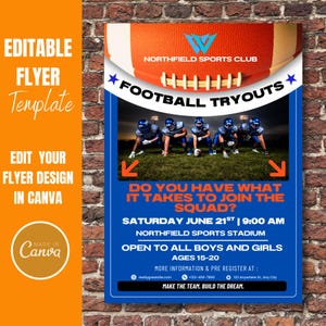 Bewerkbare sjabloon folder voetbal try-out | Teamtesten voor jongeren en middelbare scholen | Canvas sportposter | Afdrukbare wervingsfolder voetbal
