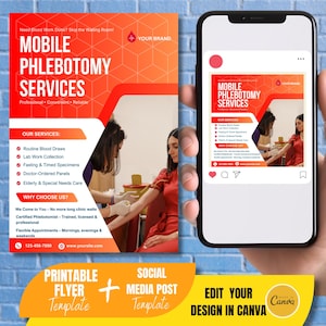 Sjabloon folder voor mobiele aderlaten Canva | Afdrukbare A5-post en Instagrampost | Marketing bloedafnameservices | Bewerkbaar flyerontwerp voor gezondheidszorg