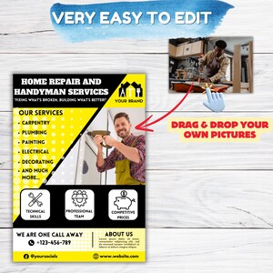 May include: A yellow and black flyer advertising home repair and handyman services. The flyer features a photo of a man using a drill, along with a list of services offered, including carpentry, plumbing, painting, electrical, decorating, and more. The flyer also includes contact information and a website address.