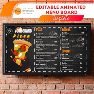 Digitale animierte Pizza Menü Bord Vorlage - Anpassbares Design. Bearbeitbares Pizza-Menü-Brett-Design. Canva vorgefertigtes Menueboard Layout für TV