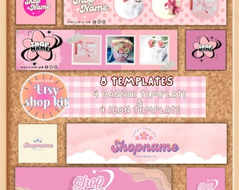 Pink Etsy Shop Kit: Banner & Icon Templates, Editable and customizable Canva Etsy kit. Pink theme Etsy store branding
