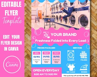 May include: A pink and blue flyer advertising laundry services. The flyer features a photo of a laundromat with washing machines and a person jumping out of one. The text on the flyer reads "Your Brand", "Freshness Folded Into Every Load", "Pricing Packages", "Services", "Open Everyday 8:00 AM to 9:00 PM", "123 Anywhere St, Any City, ST 12345", "Pick-up & drop-off call 123-456-7890", "www.reallygreatsite.com @reallygreatsite".