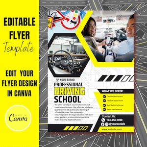 Bewerkbare flyer voor rijschool. Digitale downloadflyer autorijles. Canva kant-en-klaar flyerontwerp voor autorijschoolpromotie