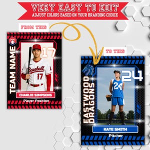 May include: A graphic showing two sports trading card designs. One card features a baseball player in a red and white uniform with the text "Baseball" and "17". The other card shows a softball player in a blue uniform with the text "24". The cards are labeled "From This" and "To This".