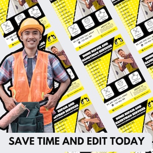 May include: A flyer advertising home repair and handyman services. The flyer is yellow and black with a cartoon image of a toolbox and wrench. The text on the flyer reads "Home Repair and Handyman Services" and lists services such as carpentry, plumbing, painting, electrical, decorating, and more. The flyer also includes a phone number and website address.